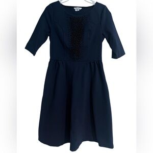 Boden women navy blue beaded Ponte Fit Flare boat neck dress 8